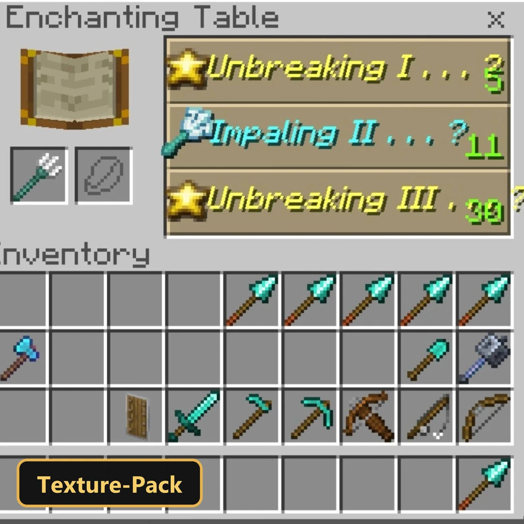 Enchanting table menu showing various enchantments and inventory items