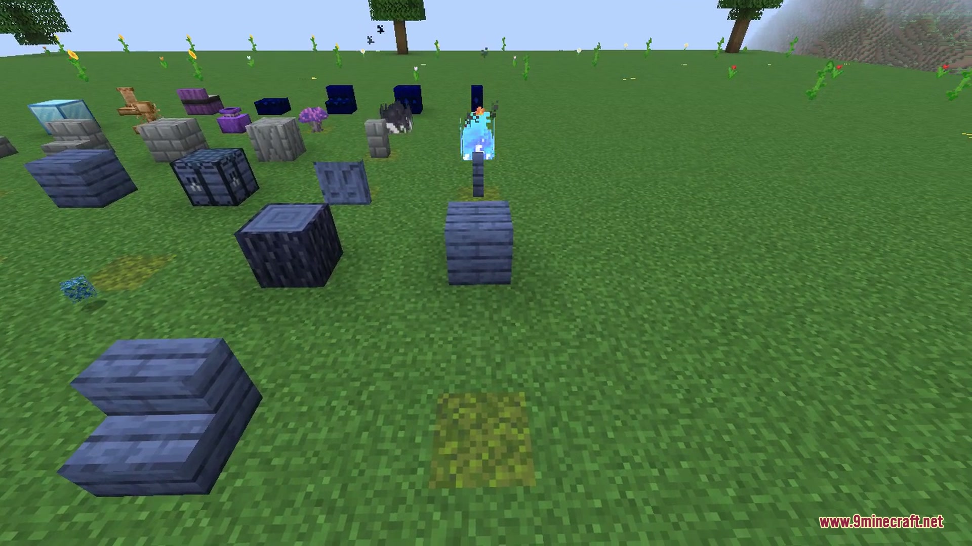 The blue skies 9minecraft mod entry loaded in the in-game mods list, shown alongside its required structure gel library and ready to play.