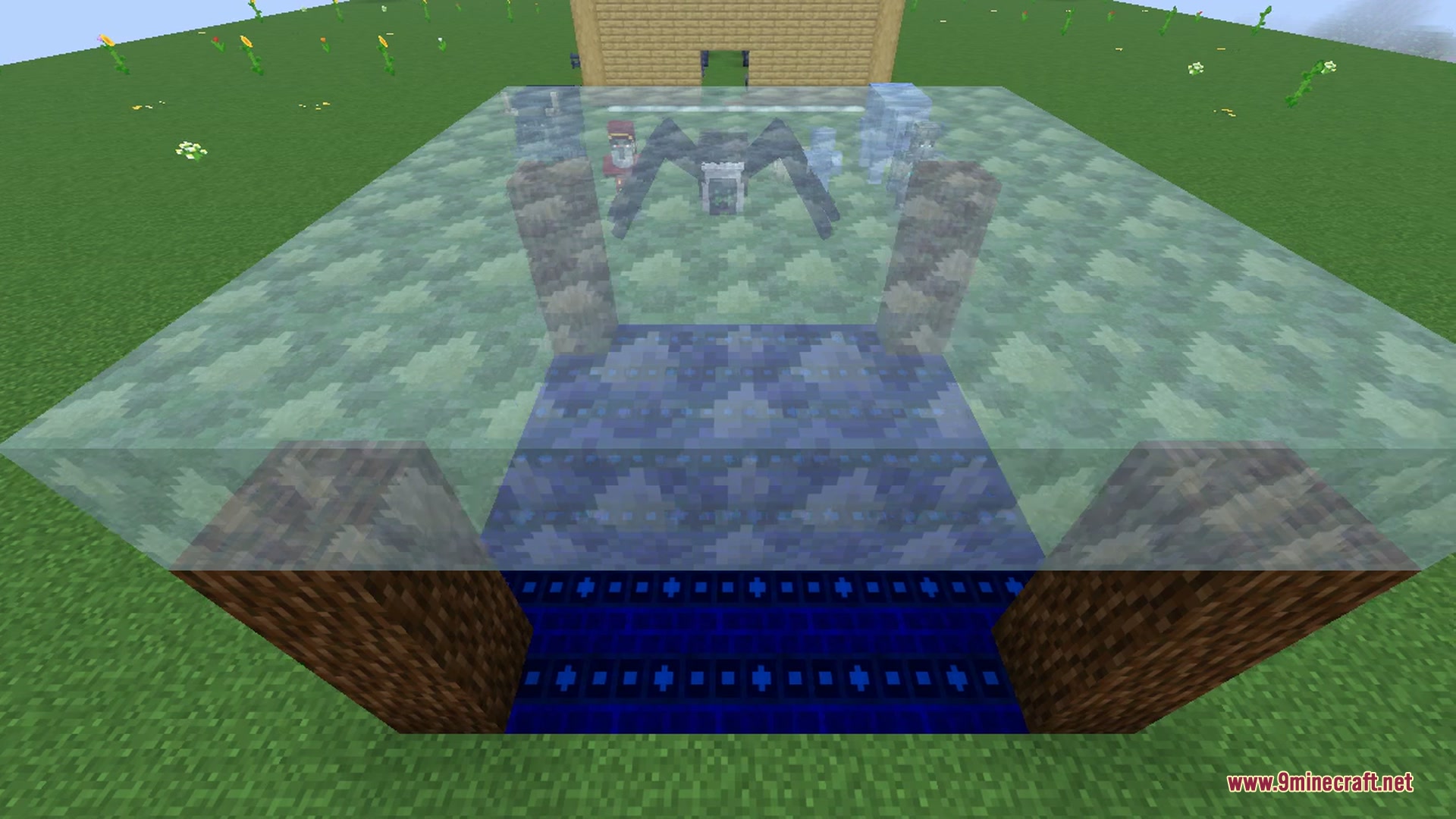 The exterior of a large blue-brick dungeon in the everbright, with a bookshelf visible inside its entrance and purple-blossoming trees dotting the snowy field.