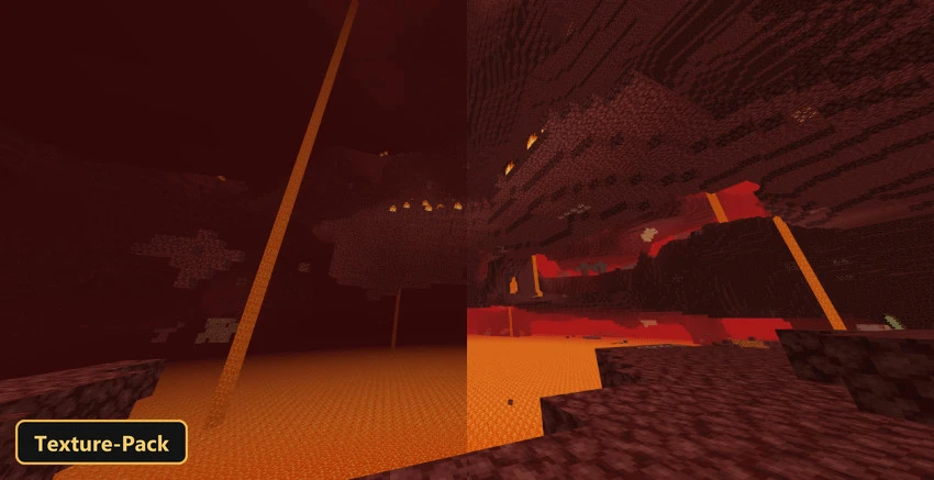 Boosted Render Distance (26+, 1.21) – Mcpe/Bedrock Texture Pack 5 Vast nether cavern with lava lake and glowing red fog