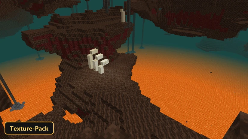 Boosted Render Distance (26+, 1.21) – Mcpe/Bedrock Texture Pack 6 Nether landscape with lava ocean, warped forest, and bone blocks