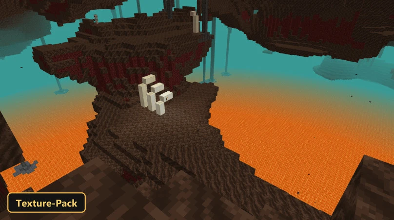 Boosted Render Distance (26+, 1.21) – Mcpe/Bedrock Texture Pack 7 Nether landscape with lava ocean, warped forest, and bone blocks