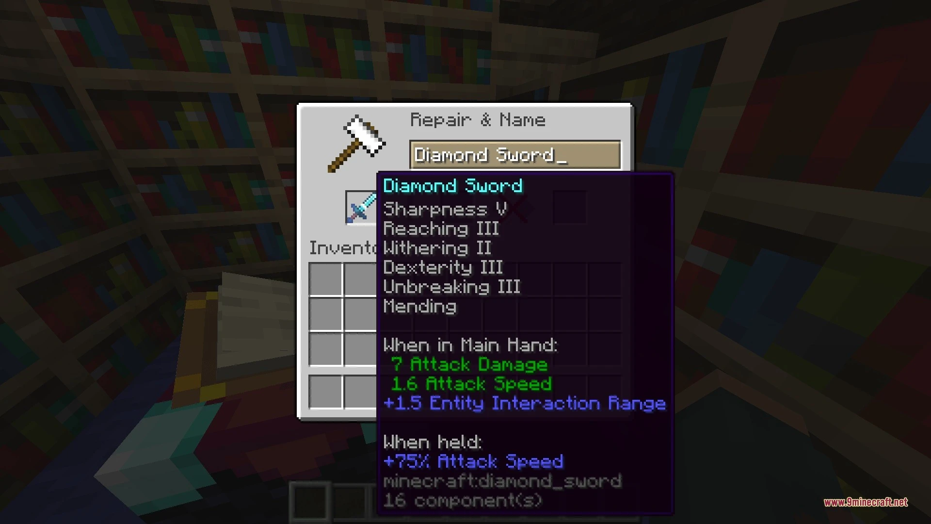An anvil interface displaying a diamond sword with several powerful enchantments
