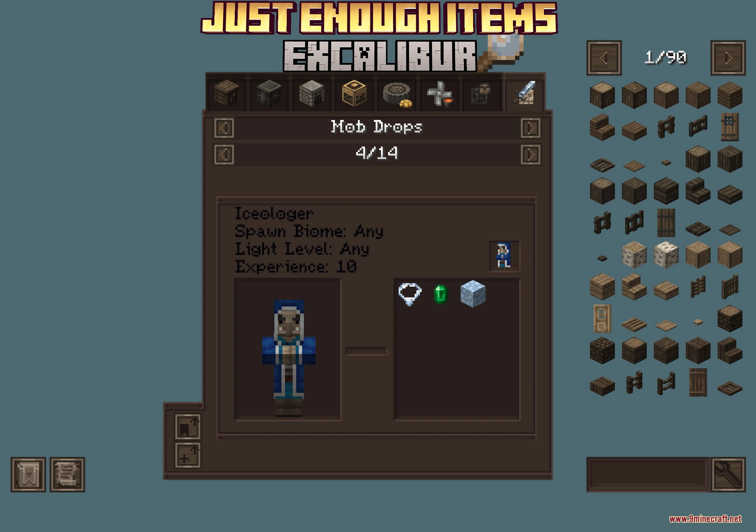Excalibur Just Enough Items Jei Support By Ruseki_ Resource Pack (26.3, 1.20.1) 2 Excalibur themed menu displaying iceologer mob drops and spawn information