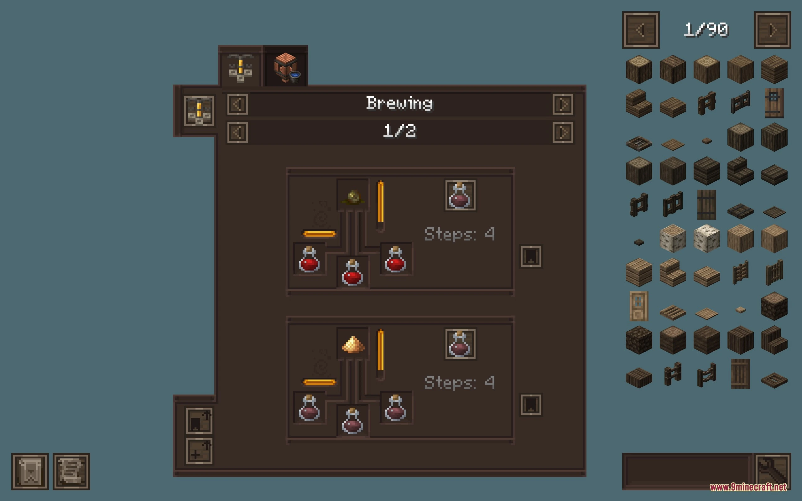 Excalibur Just Enough Items Jei Support By Ruseki_ Resource Pack (26.3, 1.20.1) 6 Medieval brewing interface showing potion recipes with rustic textures and item search
