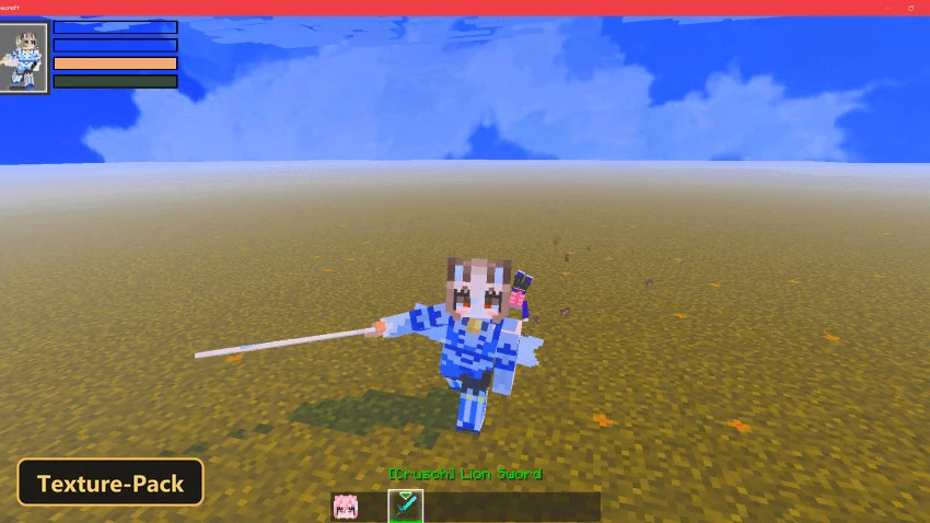 Femboy Totem (26+, 1.21) – Mcpe/Bedrock Texture Pack 6 Third-person view of character in blue armor, holding a sword, attacking