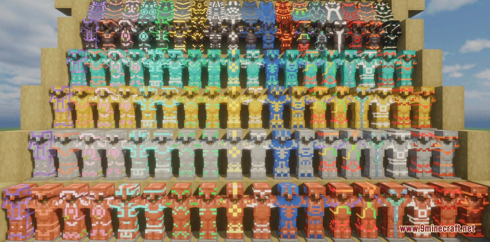 Rows of armor stands displaying a wide variety of colorful glowing trim patterns