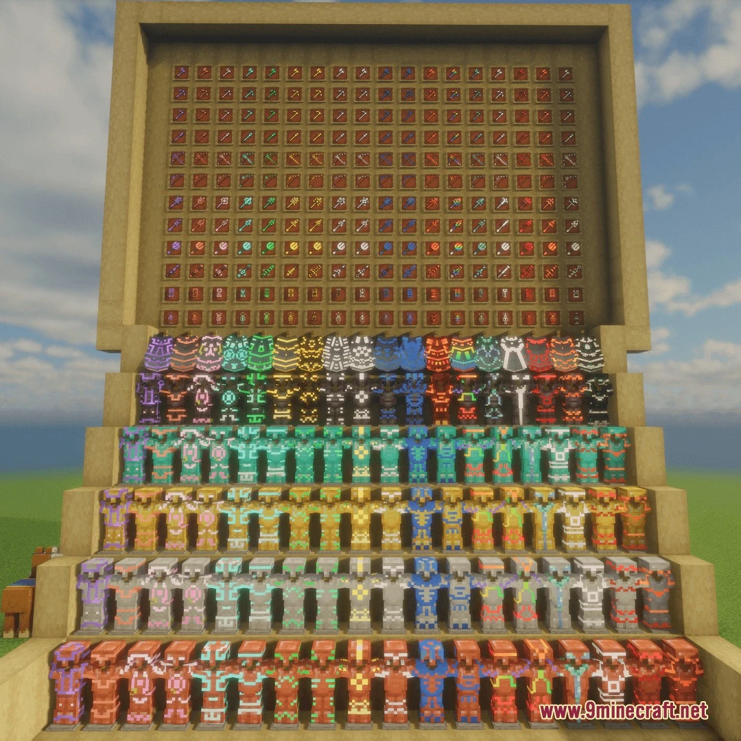 A massive display of armor stands and tools featuring colorful glowing trims