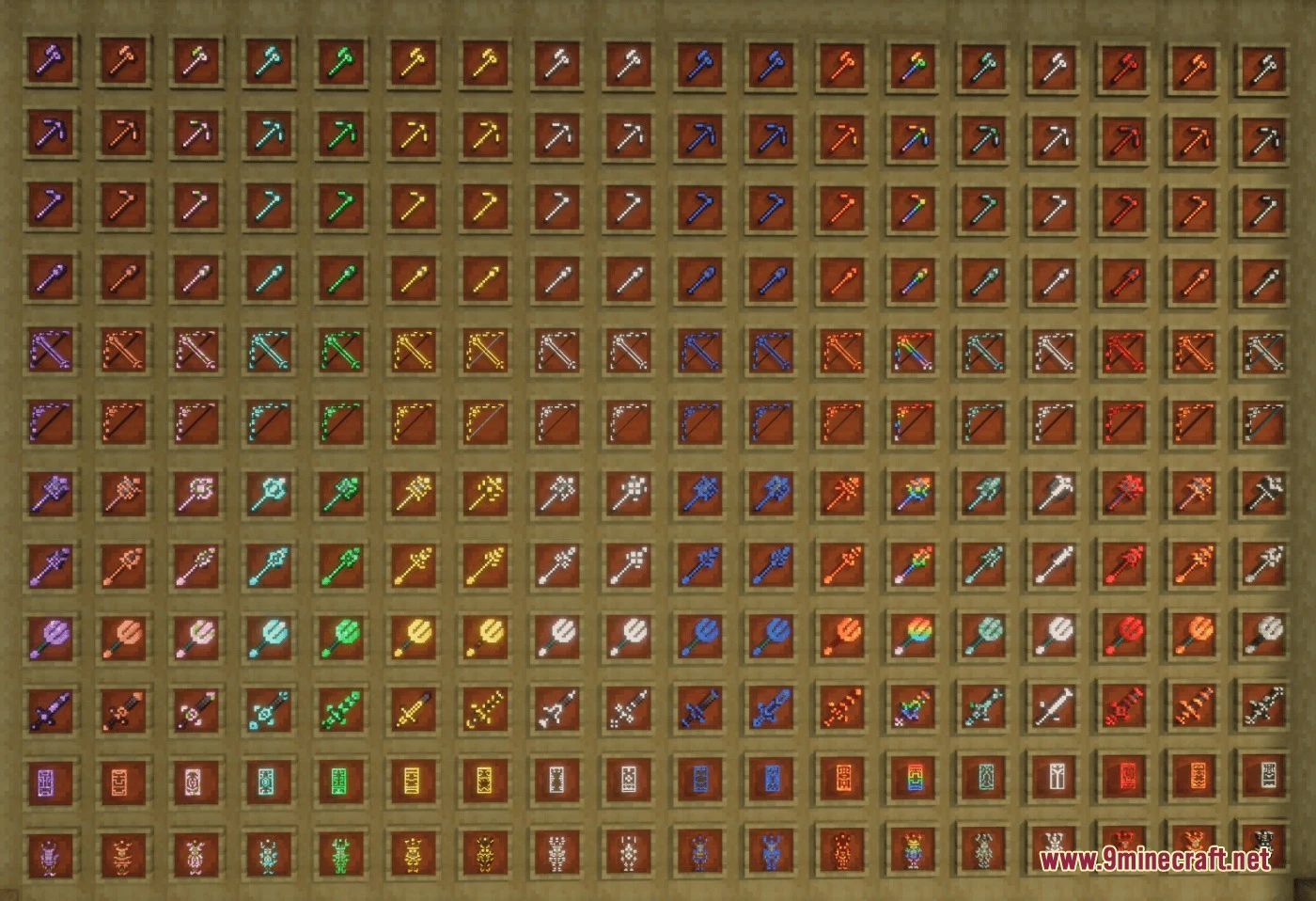 Rows of item frames showcasing various tools and weapons with glowing outlines