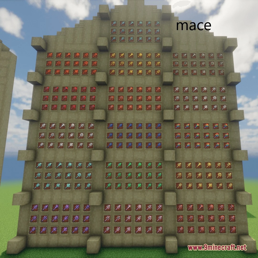 A large wall displaying various maces with colorful glowing trims in item frames