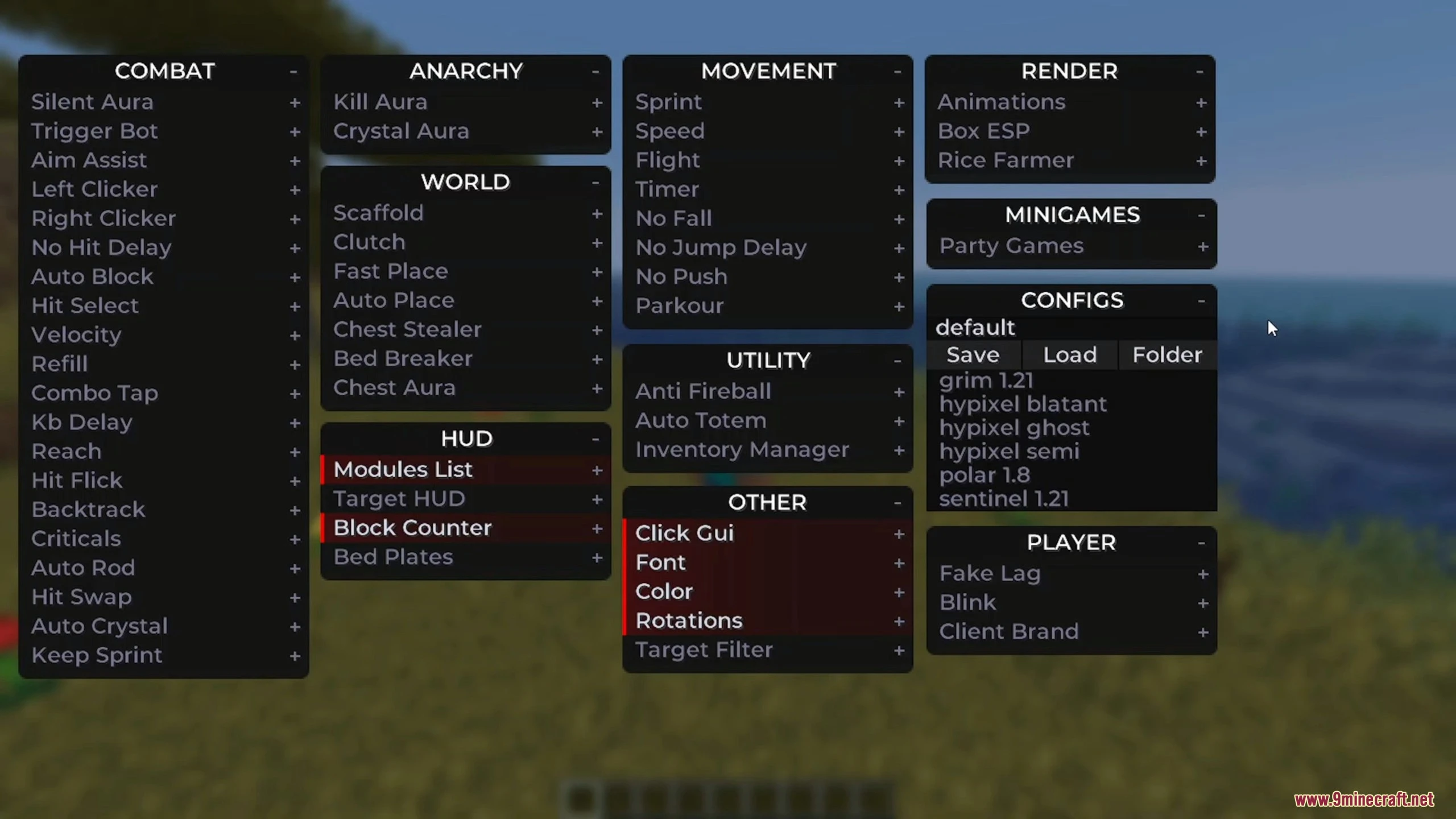 Grizzly Client Mod (26.3, 26.2) – Win Every Multiplayer Pvp Fight 3 Expanded cheat client interface menu showing lists of specific modules