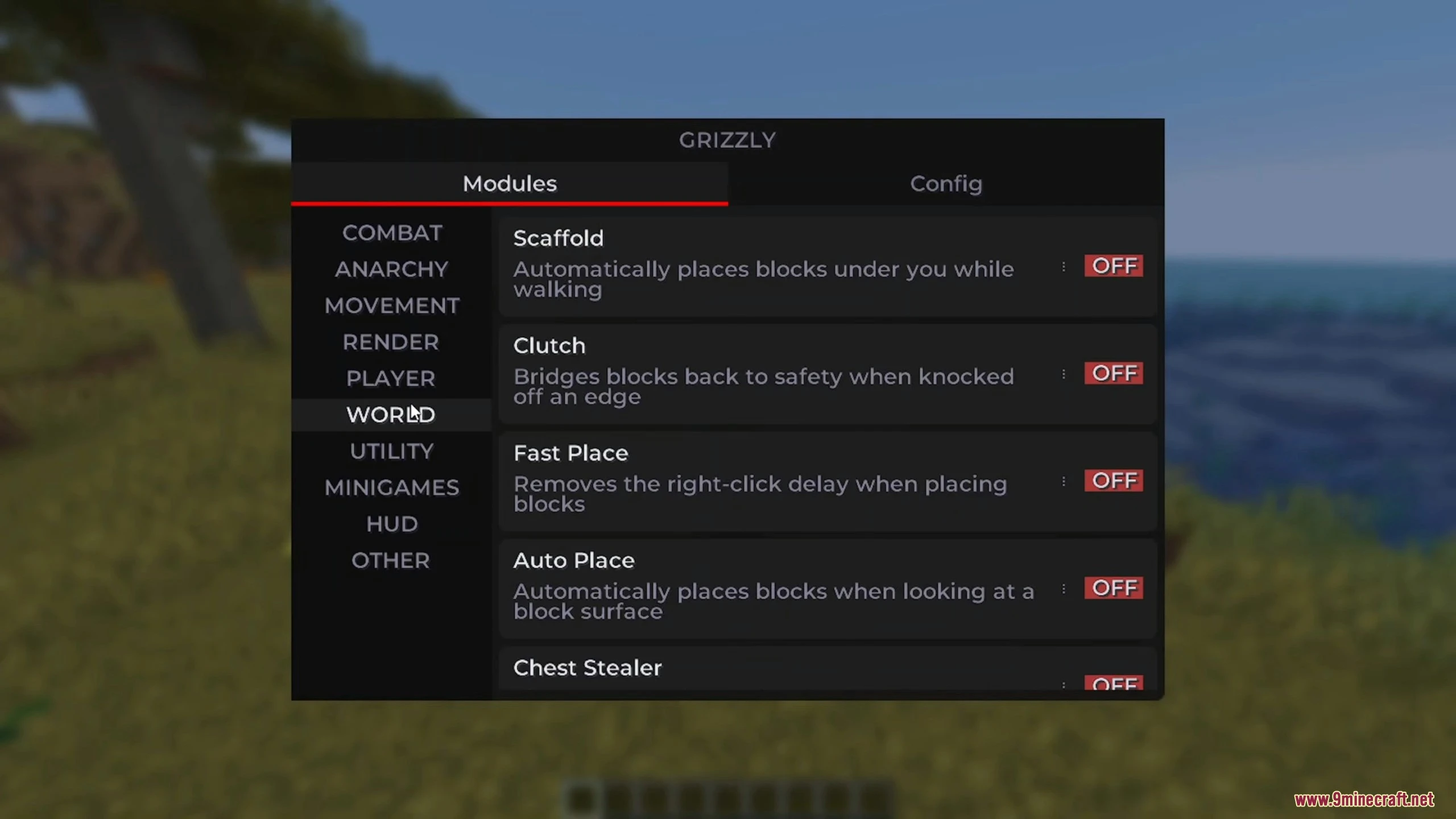 Grizzly Client Mod (26.3, 26.2) – Win Every Multiplayer Pvp Fight 4 Grizzly client interface displaying world category modules such as scaffold and clutch