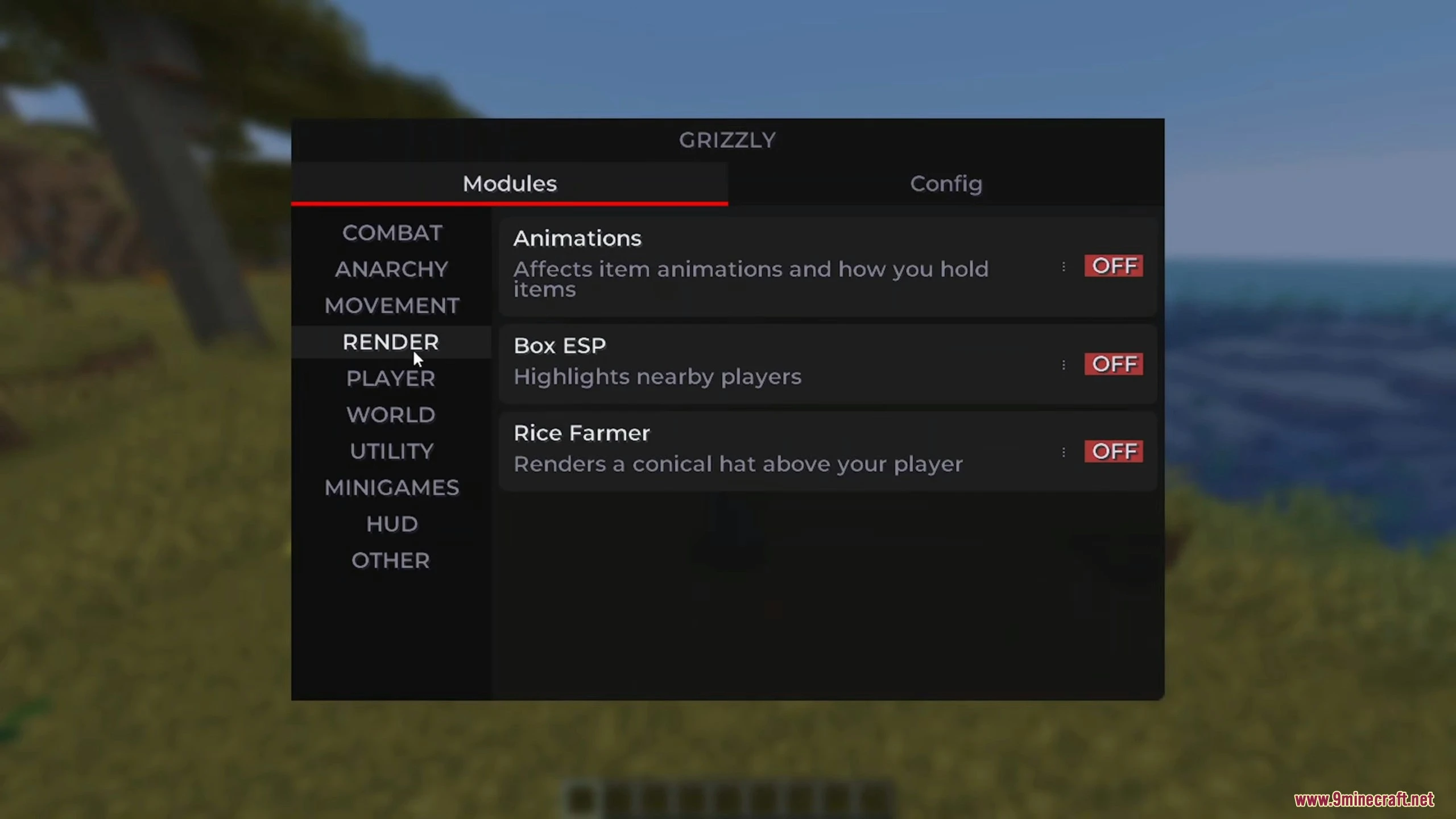 Grizzly Client Mod (26.3, 26.2) – Win Every Multiplayer Pvp Fight 5 Grizzly client interface showing render category modules like box esp and animations