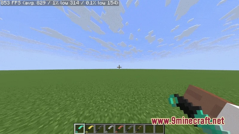Karambits X Punchy Resource Pack (26.3, 1.20.1) – Tactical Curved Knives 2 Player holding a cyan karambit knife with different colored variants in hotbar