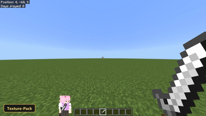 Linxing’s Paper Doll (26+) – Mcpe/Bedrock Texture Pack 7 Flat grass world, clear sky, character with sword