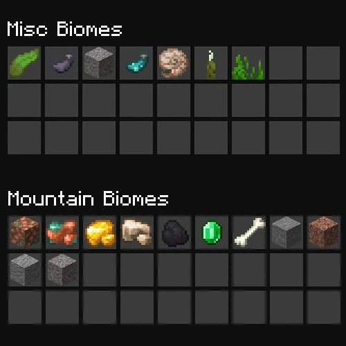 Localized Fishing Tables Data Pack (26.3, 1.20.1) – Catch Rare Treasures 2 Inventory grid showing potential fishing rewards from miscellaneous and mountain biome areas