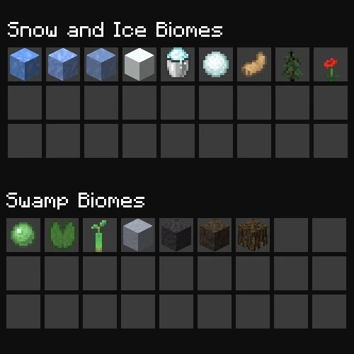 Localized Fishing Tables Data Pack (26.3, 1.20.1) – Catch Rare Treasures 5 Inventory grids displaying unique fishing rewards for snow and swamp environments
