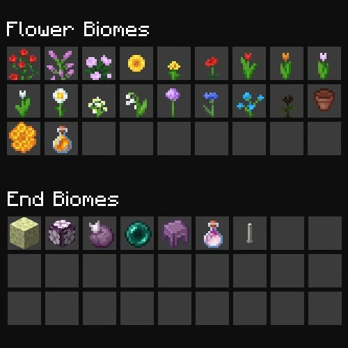 Localized Fishing Tables Data Pack (26.3, 1.20.1) – Catch Rare Treasures 8 Minecraft inventory showing fishing loot from flower biomes and end biomes