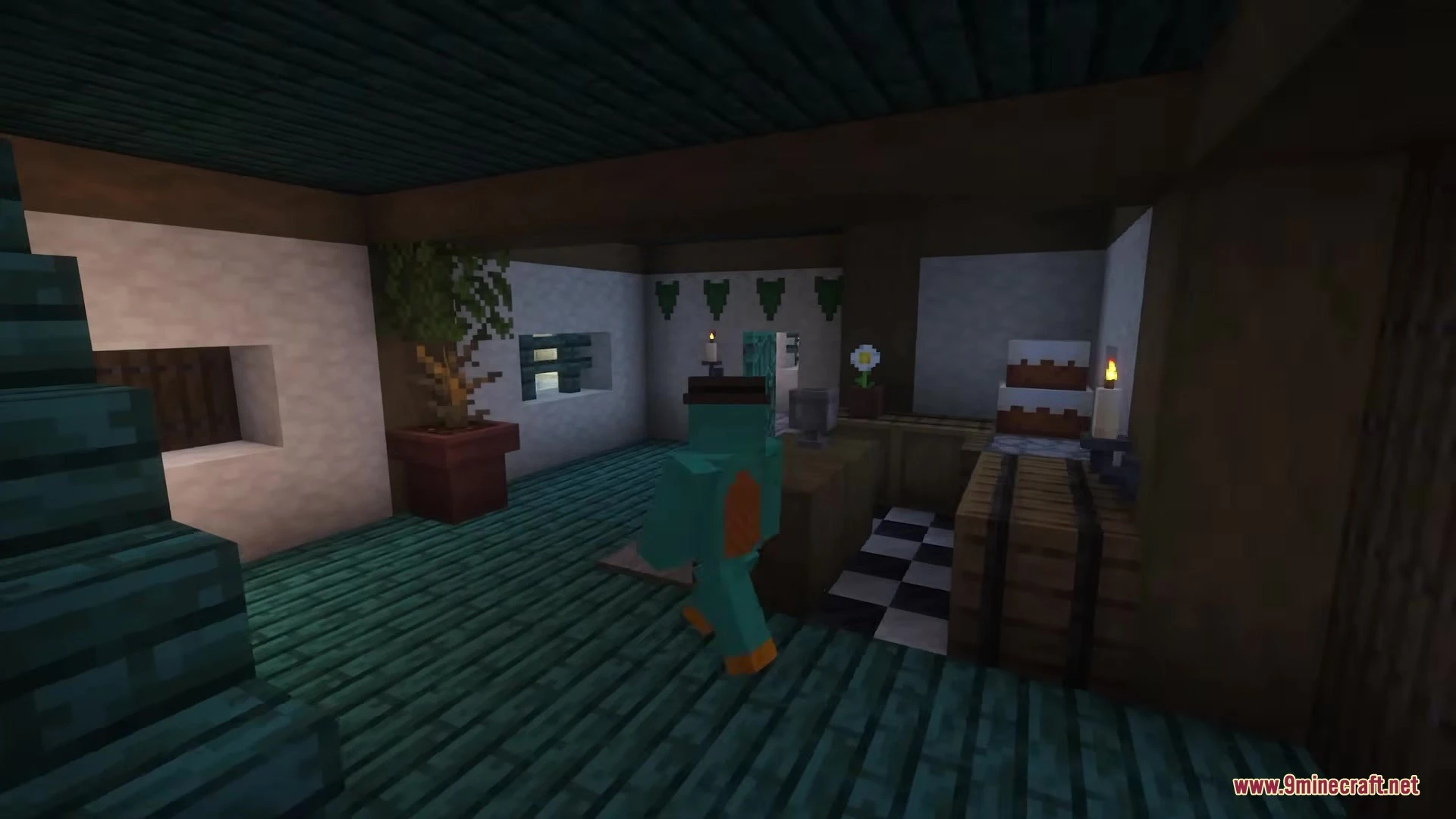 Mp Moog’s Paths Mod (26.3, 1.20.1) – Follow Scenic Roads And Trails 3 The player character walks towards a wooden counter inside a cozy minecraft room