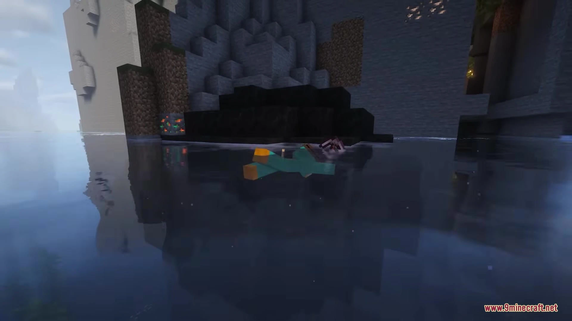 Mp Moog’s Paths Mod (26.3, 1.20.1) – Follow Scenic Roads And Trails 4 A minecraft player swimming in water near a dark stone path on land