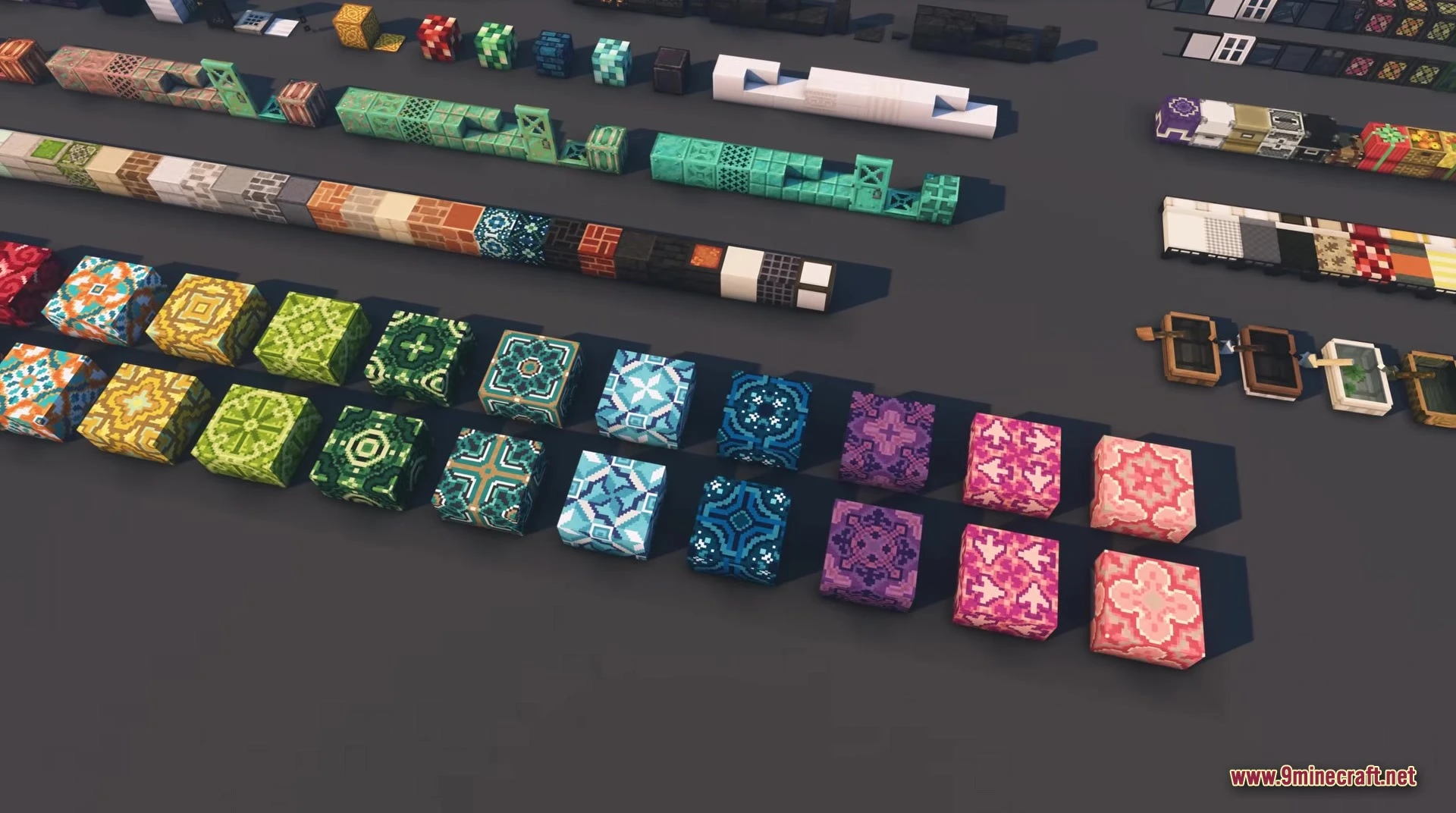 Rows of colorful patterned blocks and building materials in a flat world