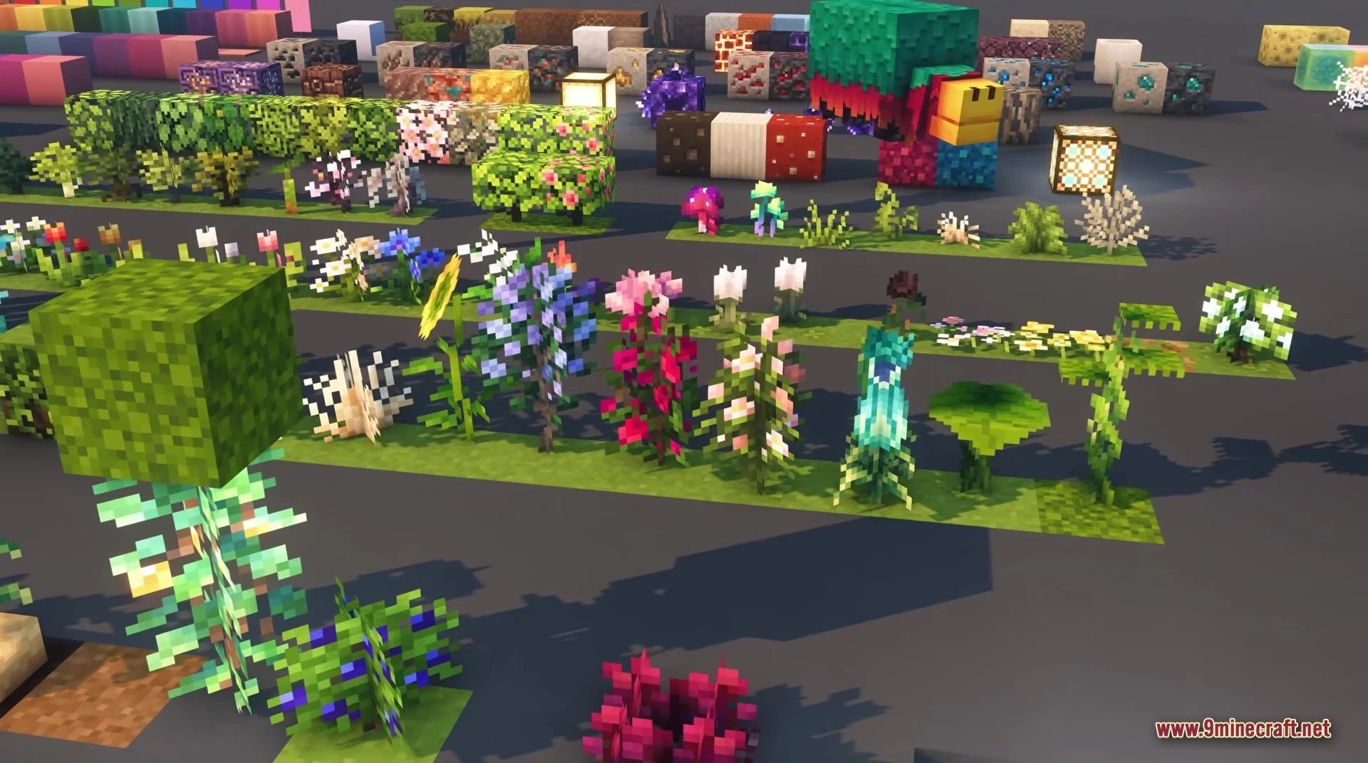 A sniffer mob stands among various colorful flowers and custom textured blocks
