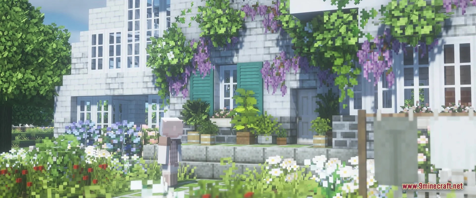 A cozy cottage showcasing mizuno craft textures and vibrant garden flowers