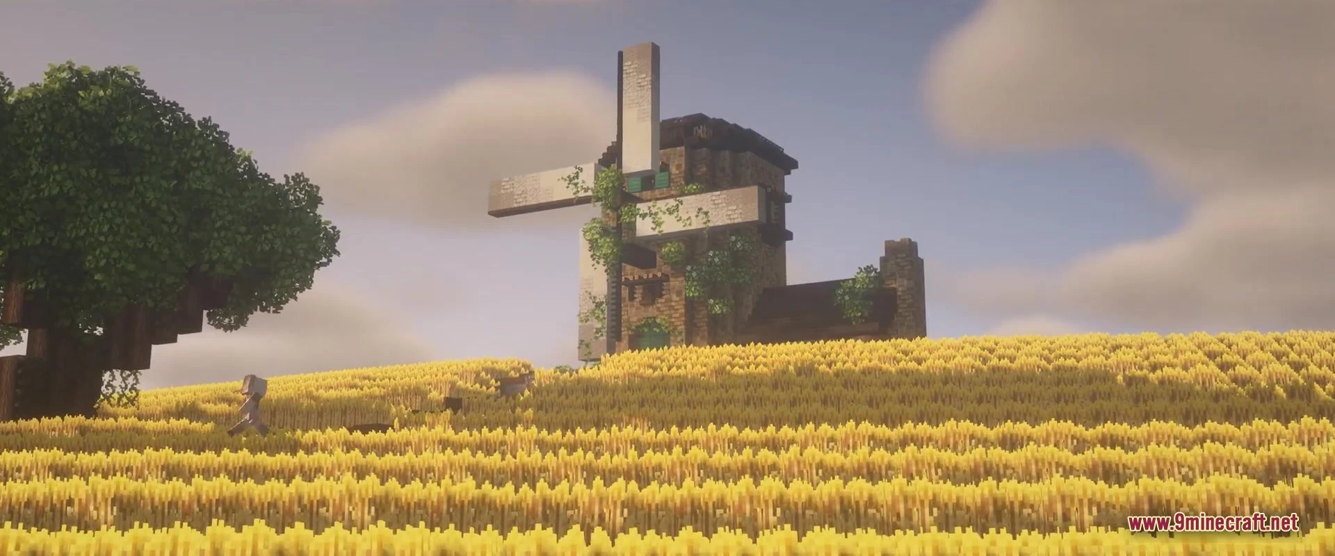 Mizunos craft features a player walking through a golden wheat field with a windmill