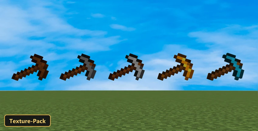 Pocialj Frosty 16X (26+, 1.21) – Mcpe/Bedrock Texture Pack 2 Five pickaxes of different materials on a grassy plain