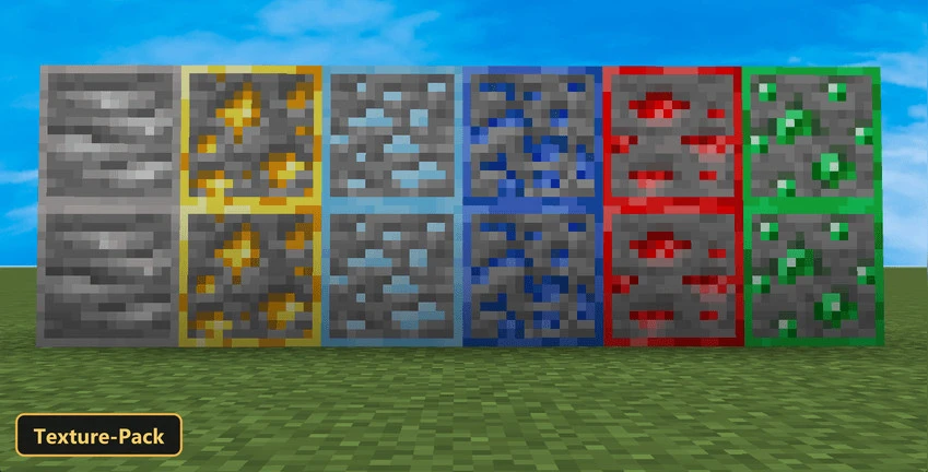 Pocialj Frosty 16X (26+, 1.21) – Mcpe/Bedrock Texture Pack 3 Rows of various ore blocks on a grassy plain