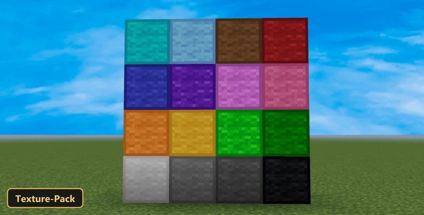 Pocialj Frosty 16X (26+, 1.21) – Mcpe/Bedrock Texture Pack 4 A grid of colorful wool blocks on a grassy plain