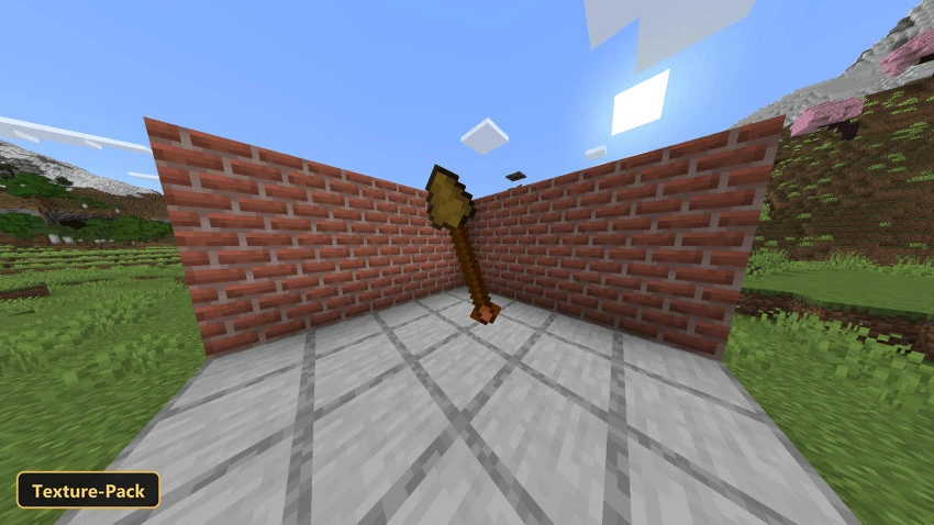 Suvile’s Tiny Tools For (26+, 1.21) – Mcpe/Bedrock Texture Pack 2 Wooden shovel propped against brick walls on a stone platform