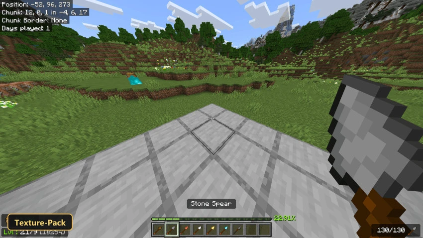 Suvile’s Tiny Tools For (26+, 1.21) – Mcpe/Bedrock Texture Pack 6 Grassy plains with trees and mountains, stone platform, stone spear in hand