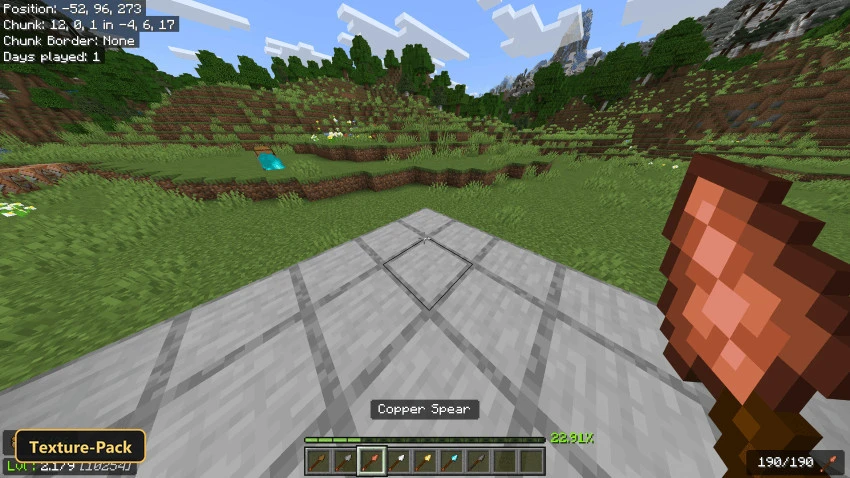 Suvile’s Tiny Tools For (26+, 1.21) – Mcpe/Bedrock Texture Pack 9 Grassy plains with trees and mountains, stone platform, copper spear in hand