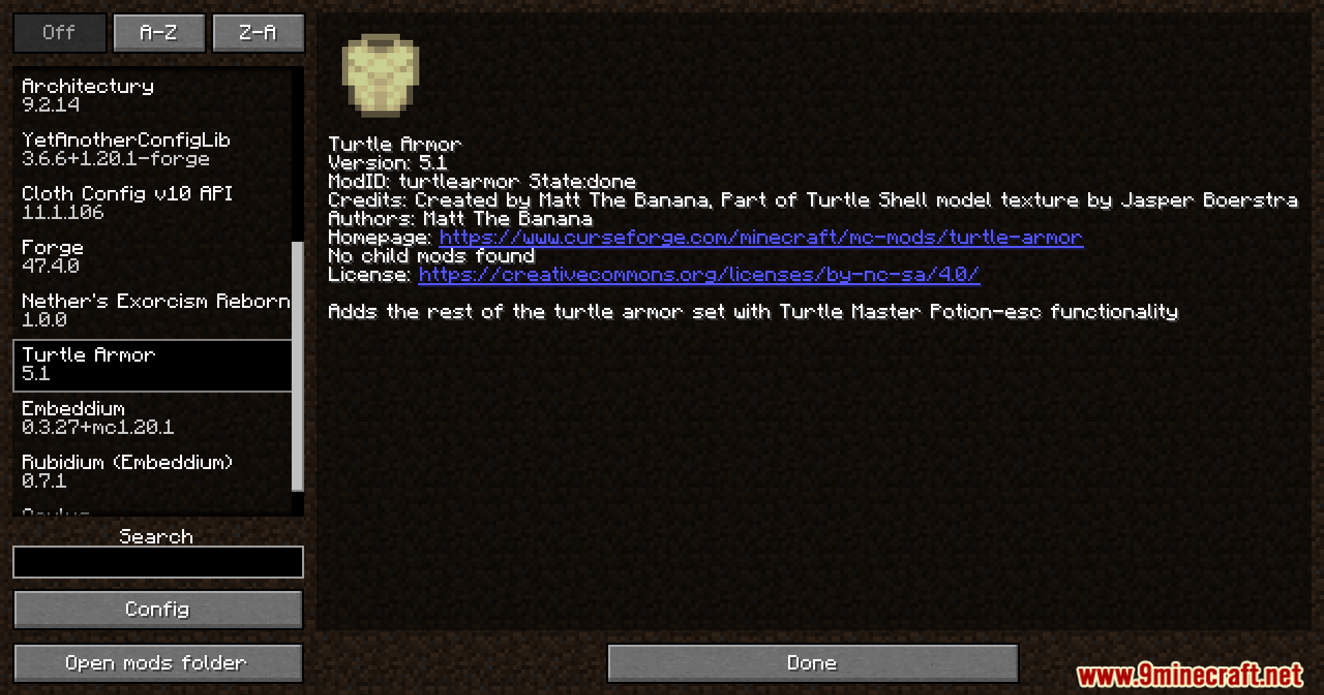 Turtle Armor Mod (26.3, 1.20.1) – Rule The Seas Like A Turtle 2 Mod menu interface displaying details for the turtle armor mod
