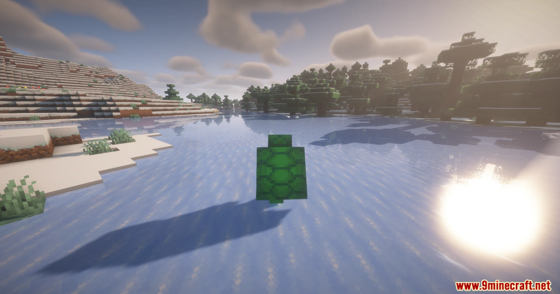 Turtle Armor Mod (26.3, 1.20.1) – Rule The Seas Like A Turtle 5 Character wearing green turtle armor standing on a reflective water surface