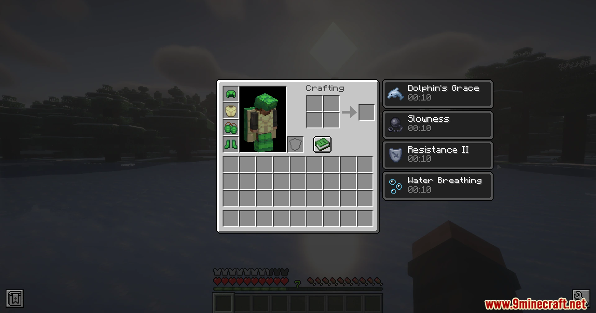 Turtle Armor Mod (26.3, 1.20.1) – Rule The Seas Like A Turtle 7 Inventory screen displaying turtle armor mod items and active status effects