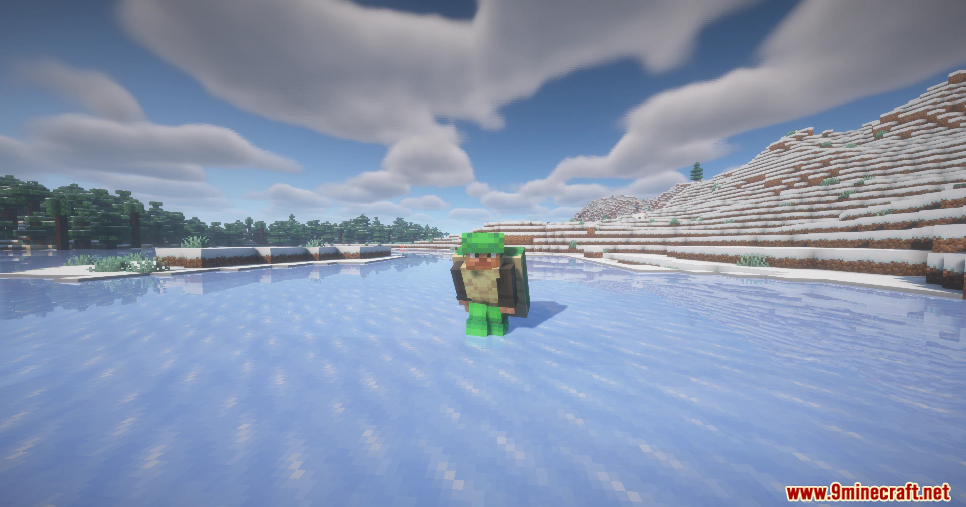 Turtle Armor Mod (26.3, 1.20.1) – Rule The Seas Like A Turtle 9 A character showcasing the turtle armor mod in a snowy biome