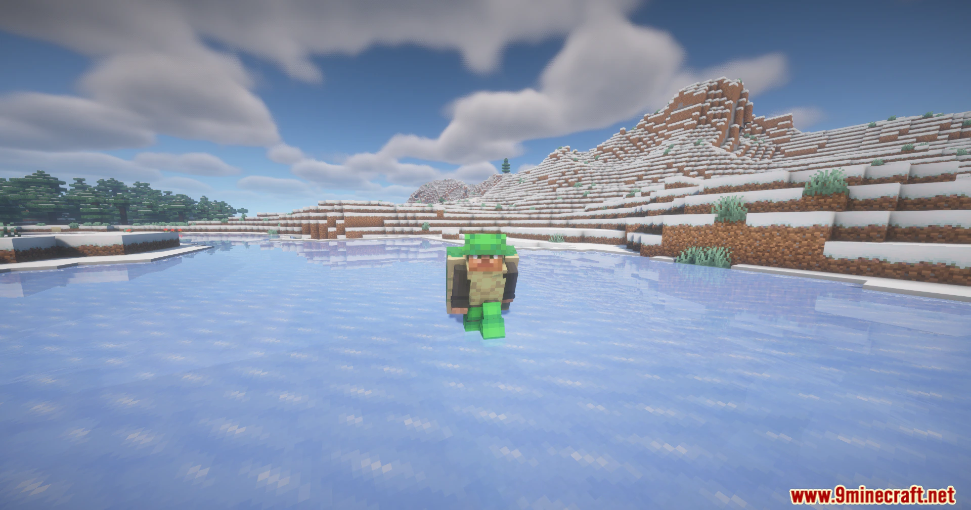 Turtle Armor Mod (26.3, 1.20.1) – Rule The Seas Like A Turtle 10 Player wearing full turtle armor set standing on a frozen lake