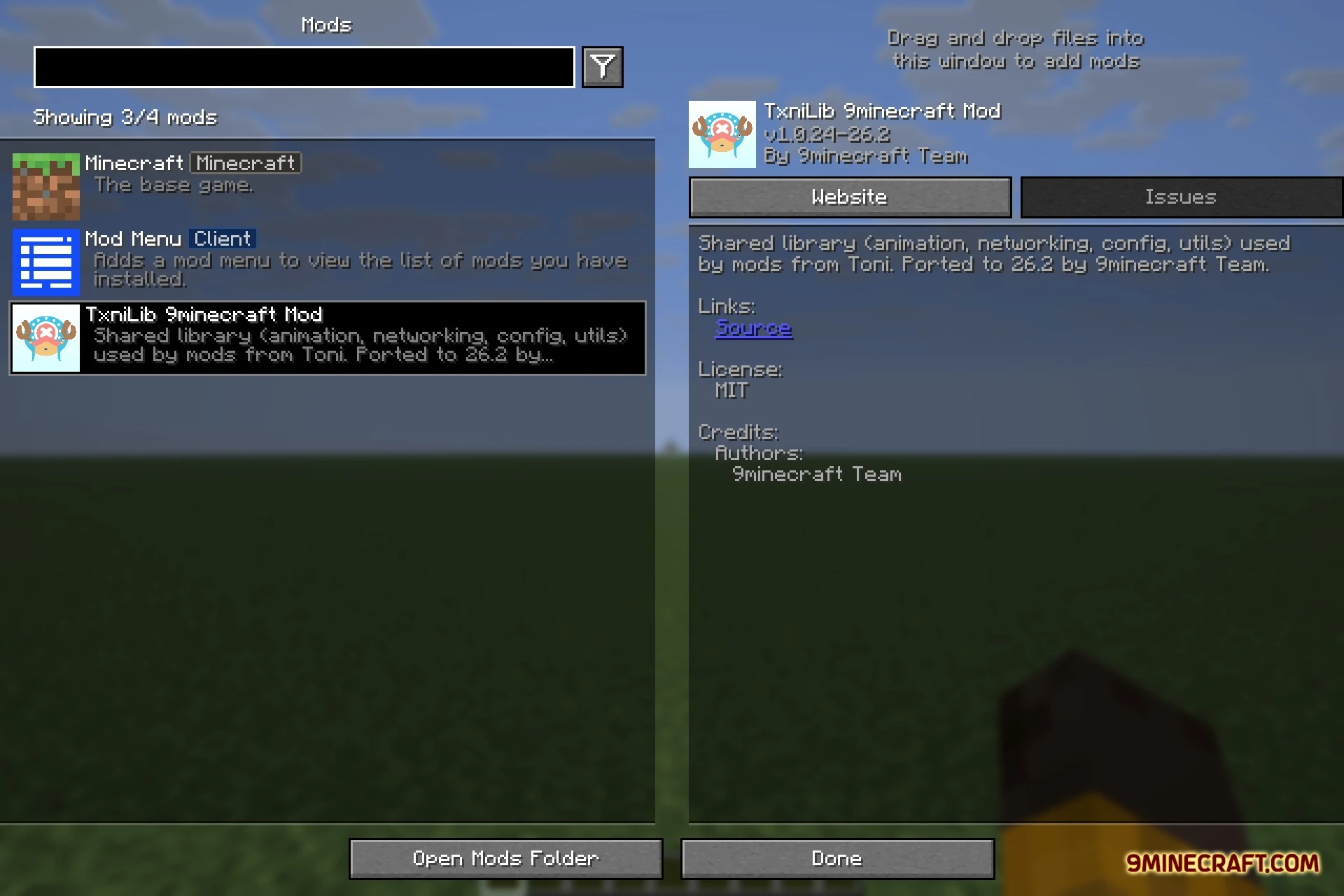 Minecraft mod menu screen displaying information about the txnilib shared library mod