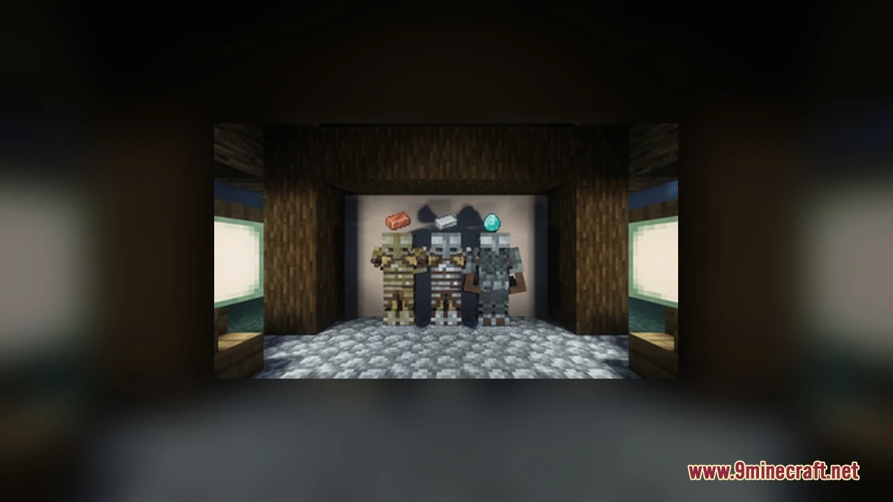 Viking Armory Resource Pack (26.3, 1.21.11) – Rugged Norse Battle Gear 3 Three armor stands displaying different tiers of viking battle gear in a room