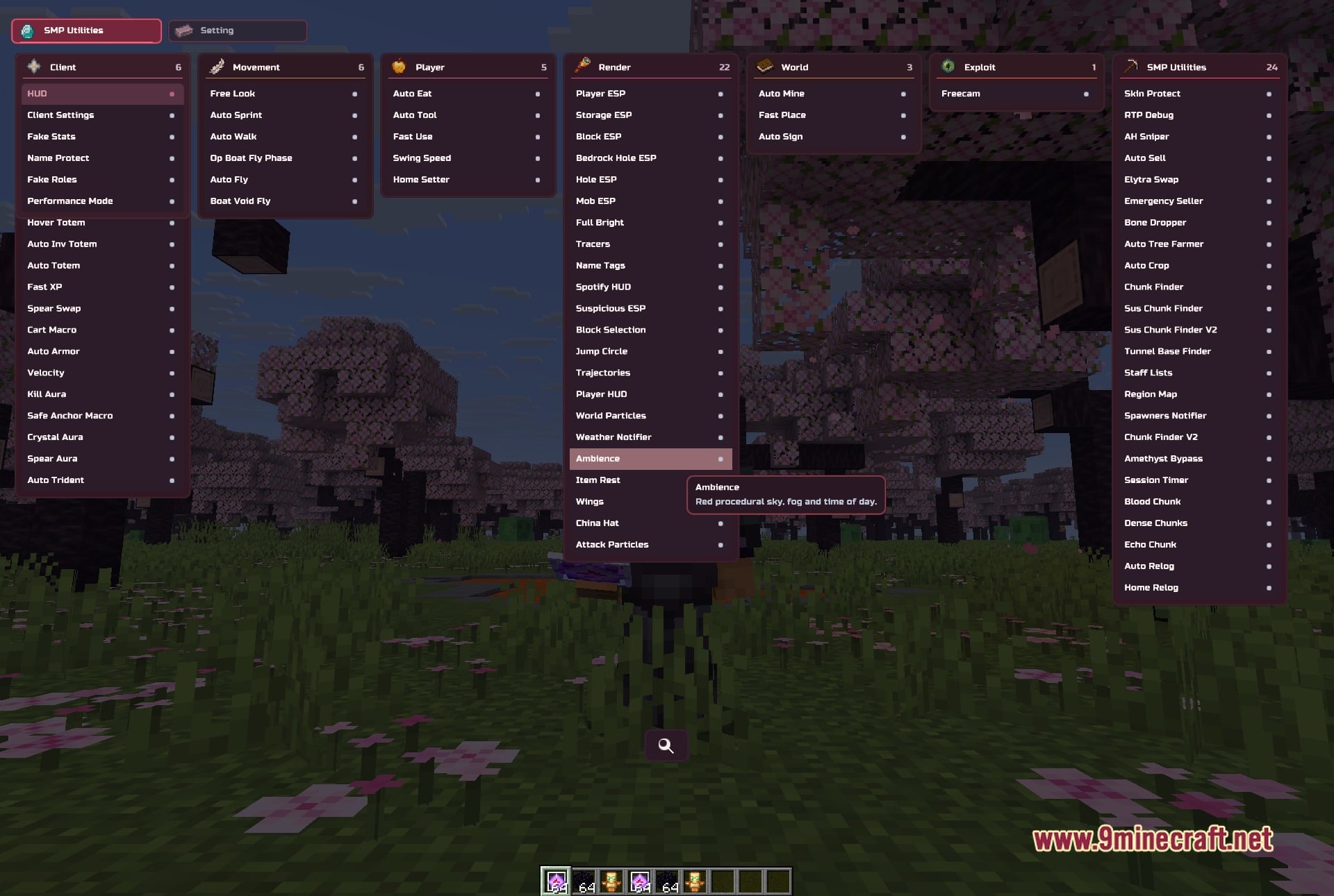 Blood V3.1 Client Mod (1.21.11) – Hunt Down Hidden Player Bases 2 Blood v3. 1 clickgui open over a cherry grove, showing its module categories