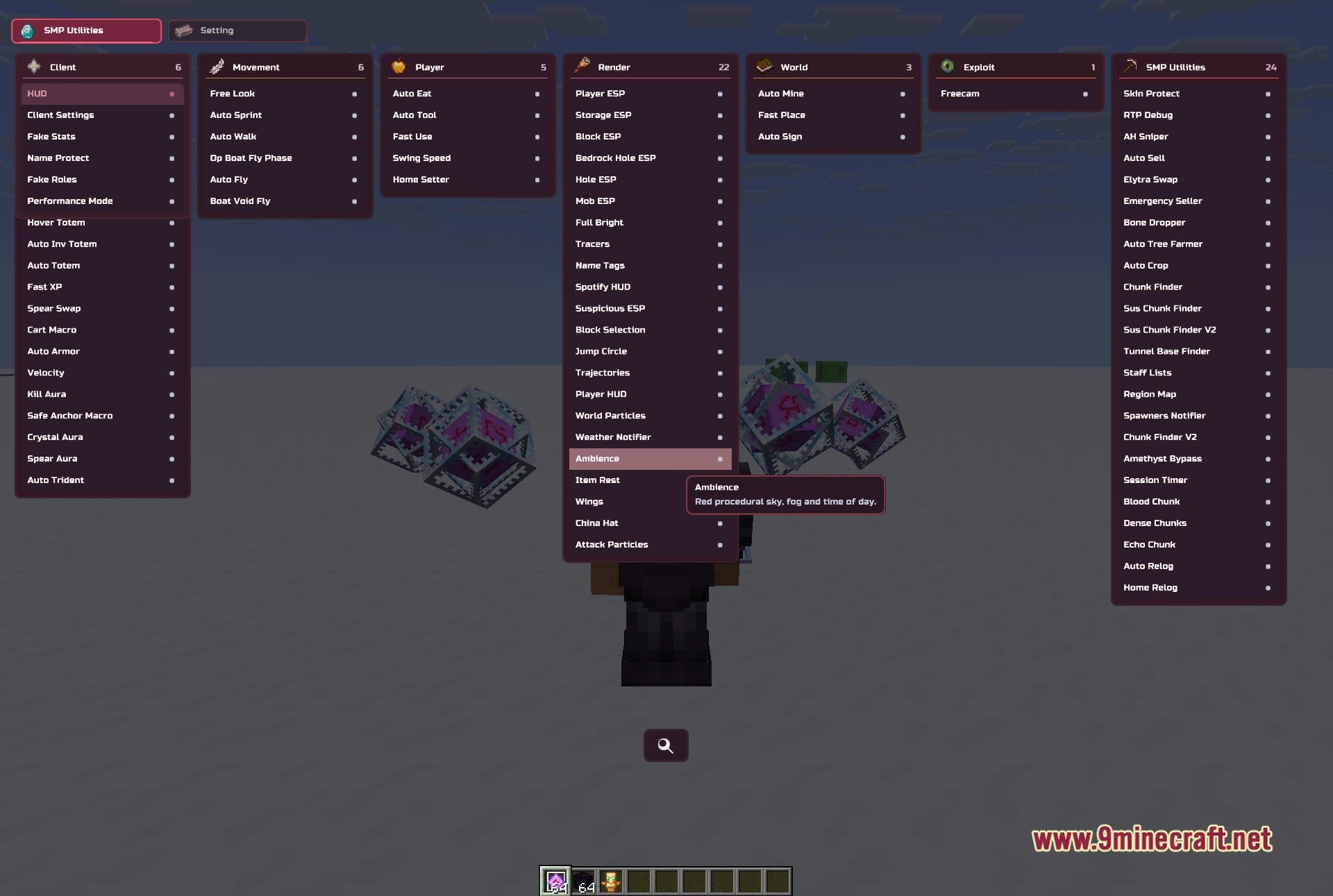 Blood V3.1 Client Mod (1.21.11) – Hunt Down Hidden Player Bases 6 The same clickgui reopened in a snowy world as a second test scene