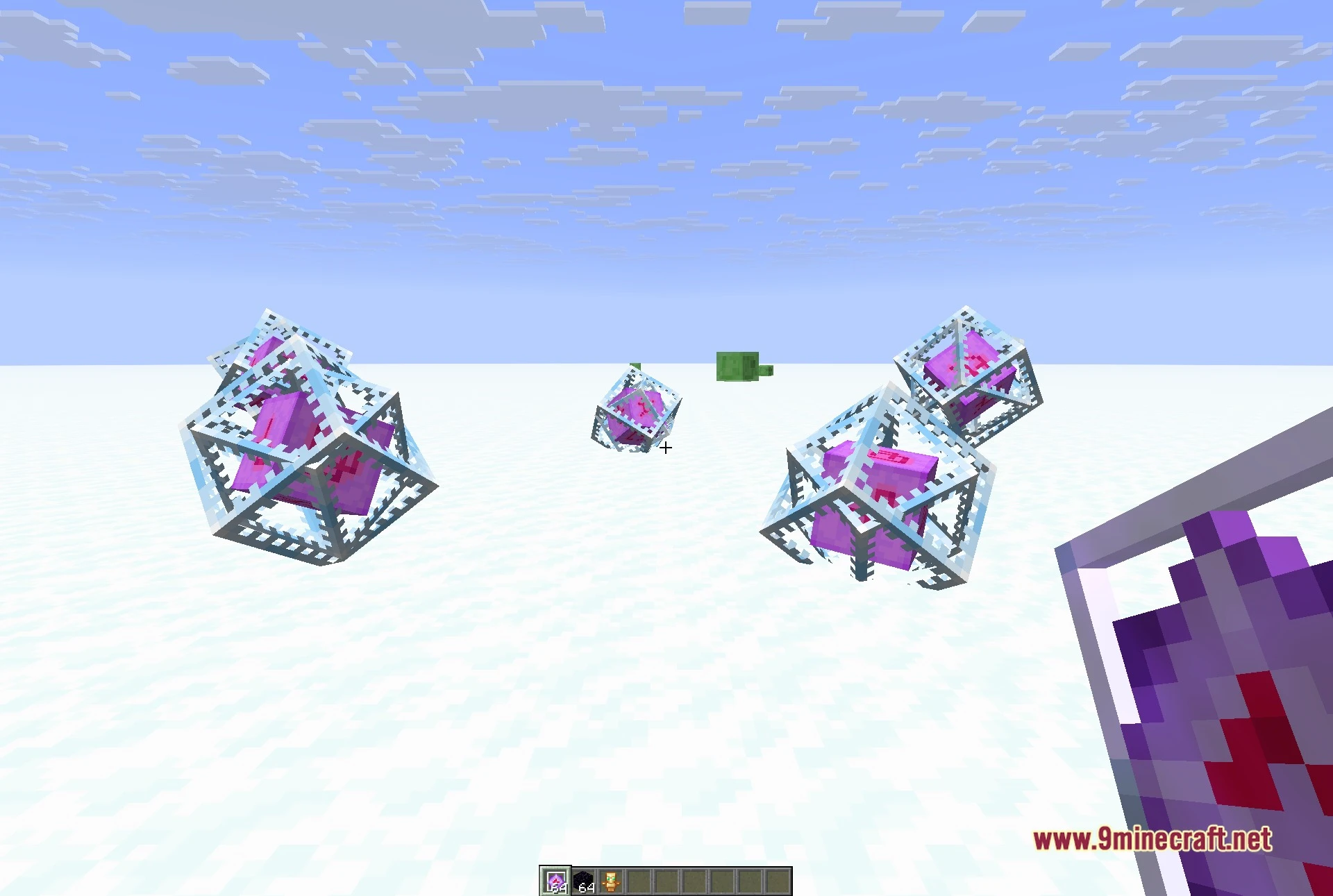 Enjoyer Addon Client Mod (1.21.11) – Automate Server Auctions And Mining 6 Player standing on the ice sheet with end crystals placed on the surface