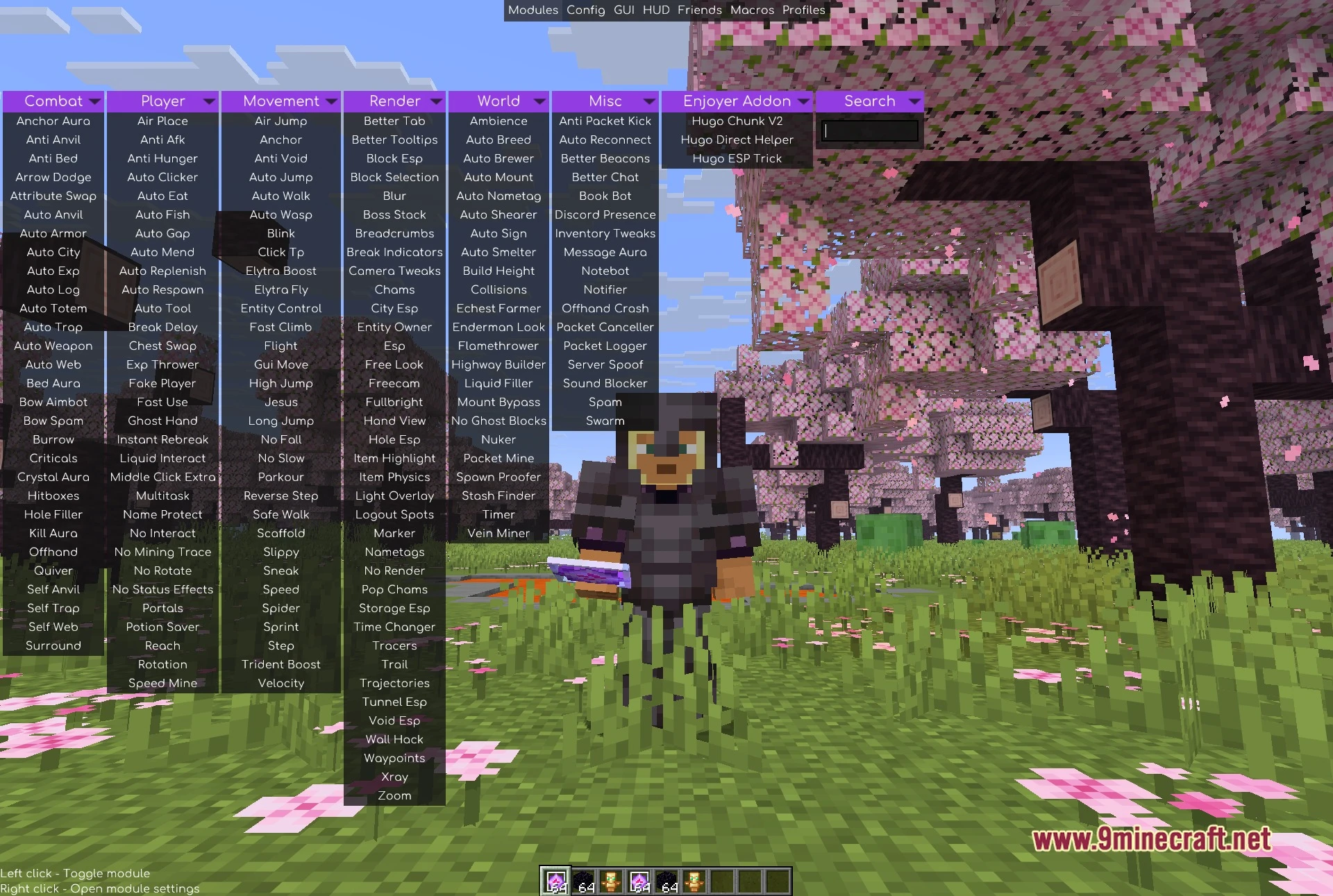 Enjoyer Media Client Mod (1.21.11) – Track Player Trails To Hidden Bases 2 Meteor clickgui with the enjoyer addon tab open, listing the three modules this build ships: hugo chunk v2, hugo direct helper and hugo esp trick