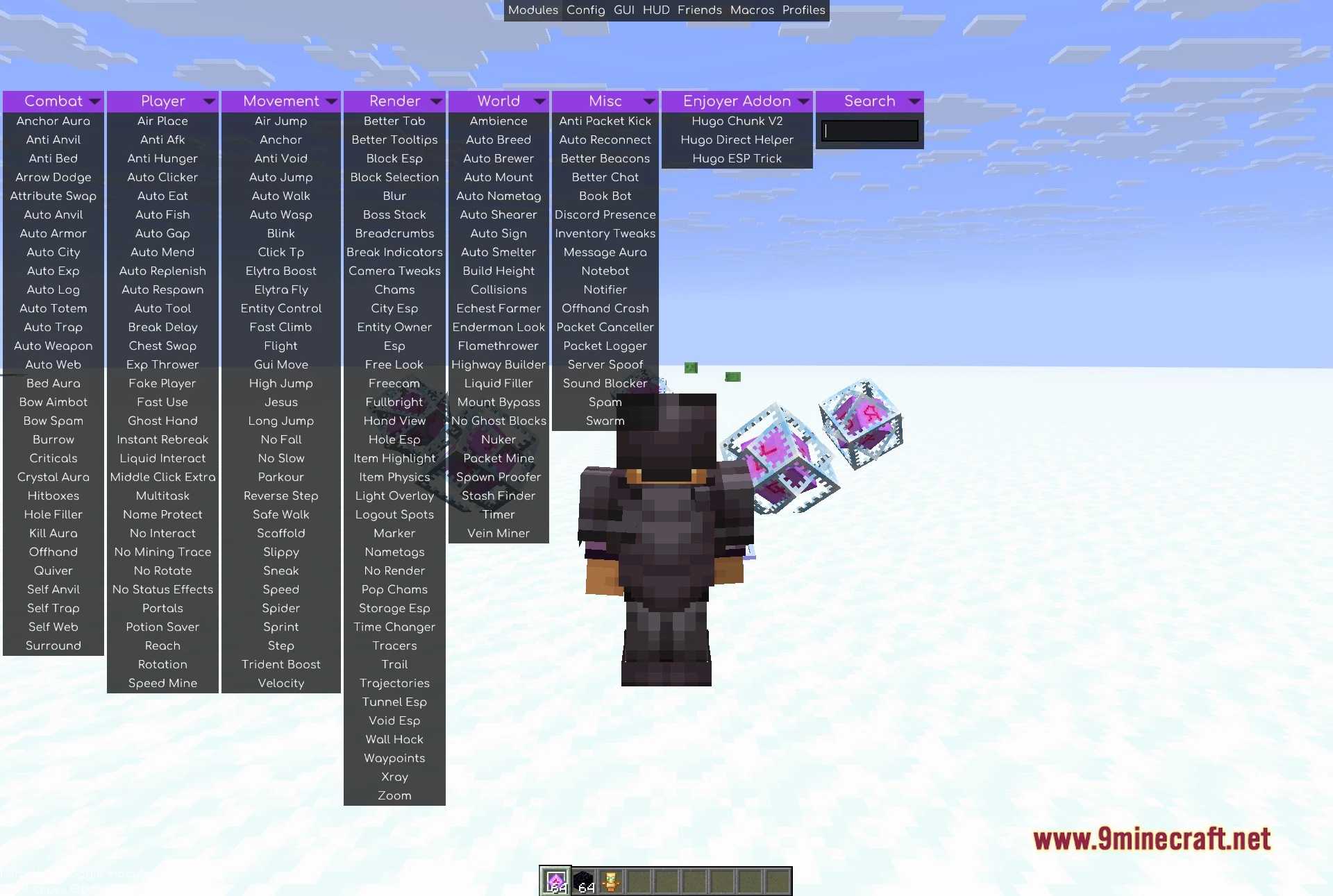 Enjoyer Media Client Mod (1.21.11) – Track Player Trails To Hidden Bases 5 The same module tab opened again in a frozen ocean world
