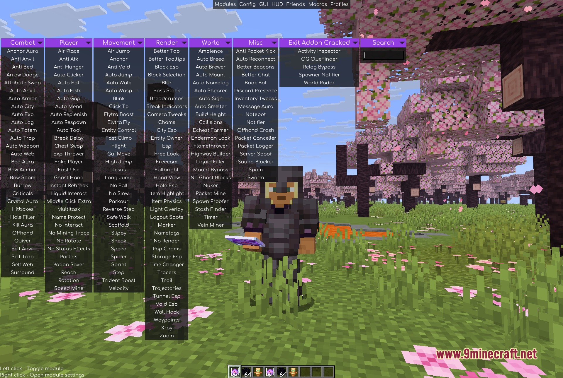 Exit addon clickgui open over a cherry grove, with the exit addon cracked tab listing activity inspector, og cluefinder, relog bypass, spawner notifier and world radar beside the stock meteor tabs