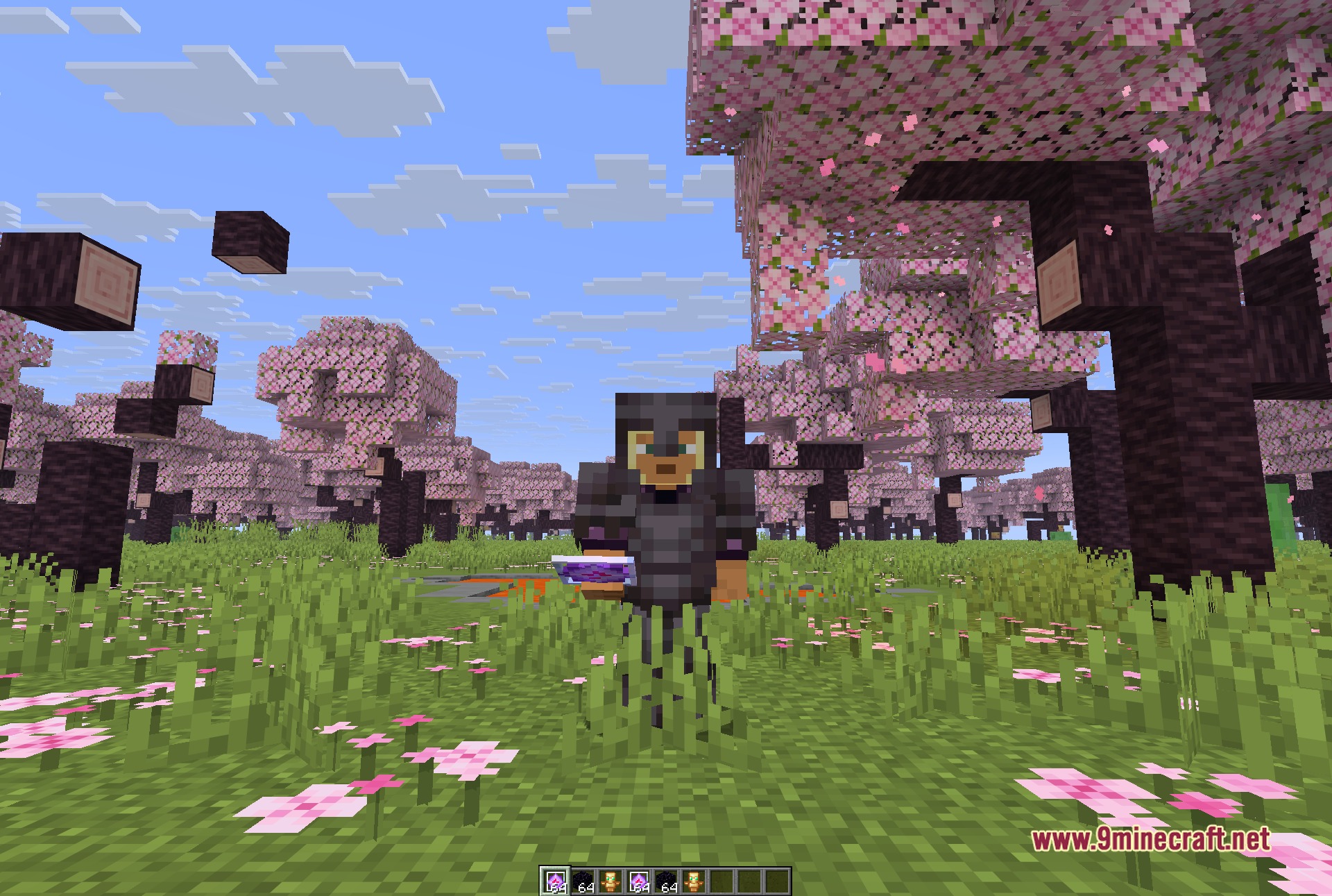 Wide third-person shot of the cherry forest used to check render distance