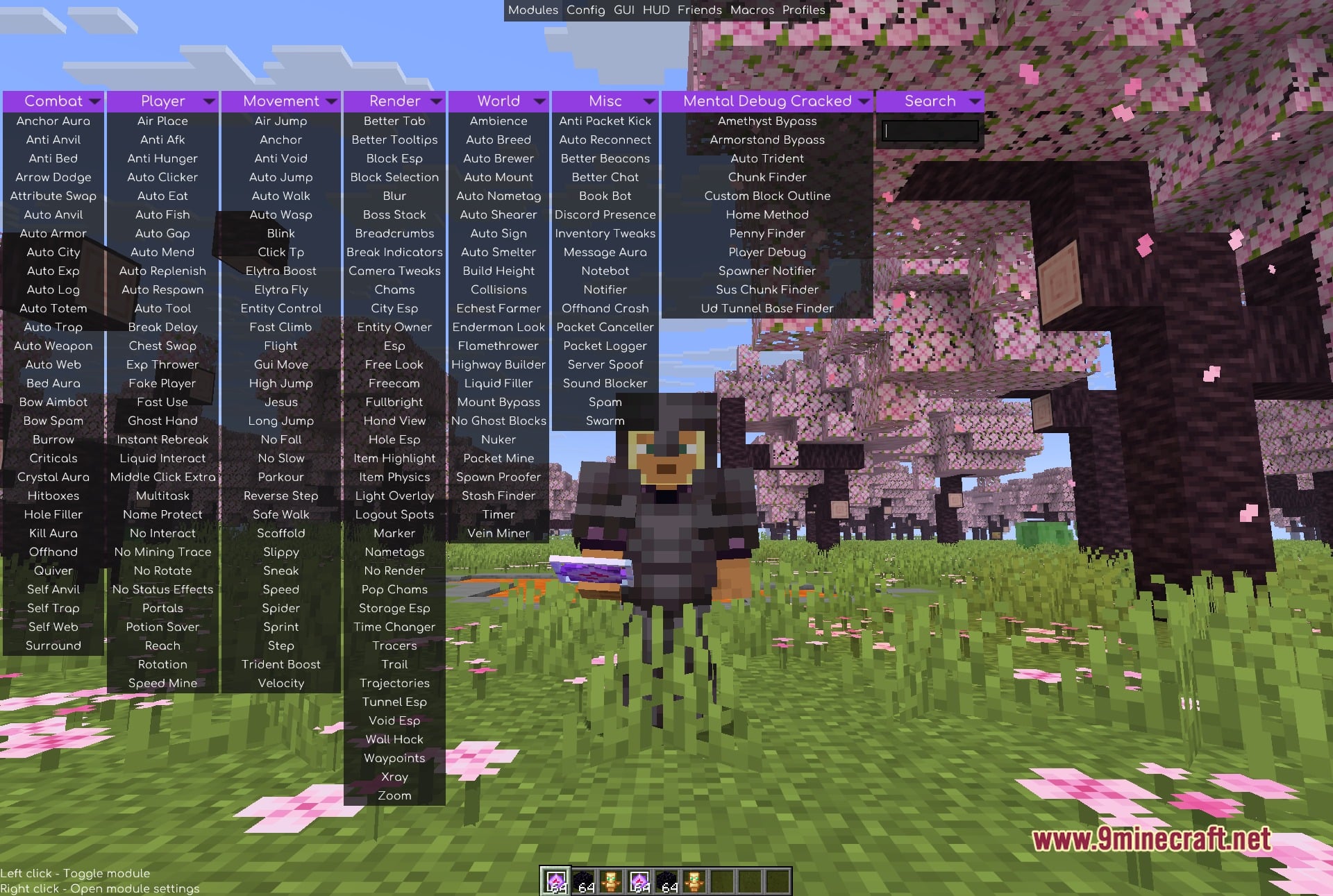 Mental Debug Client Mod (1.21.11) – Track Player Bases And Hidden Stashes 2 Mental debug clickgui open over a cherry grove, with the mental debug cracked tab listing amethyst bypass, armorstand bypass, auto trident, chunk finder, custom block outline, home method, penny finder, player debug, spawner notifier, sus chunk finder and ult tunnel base finder