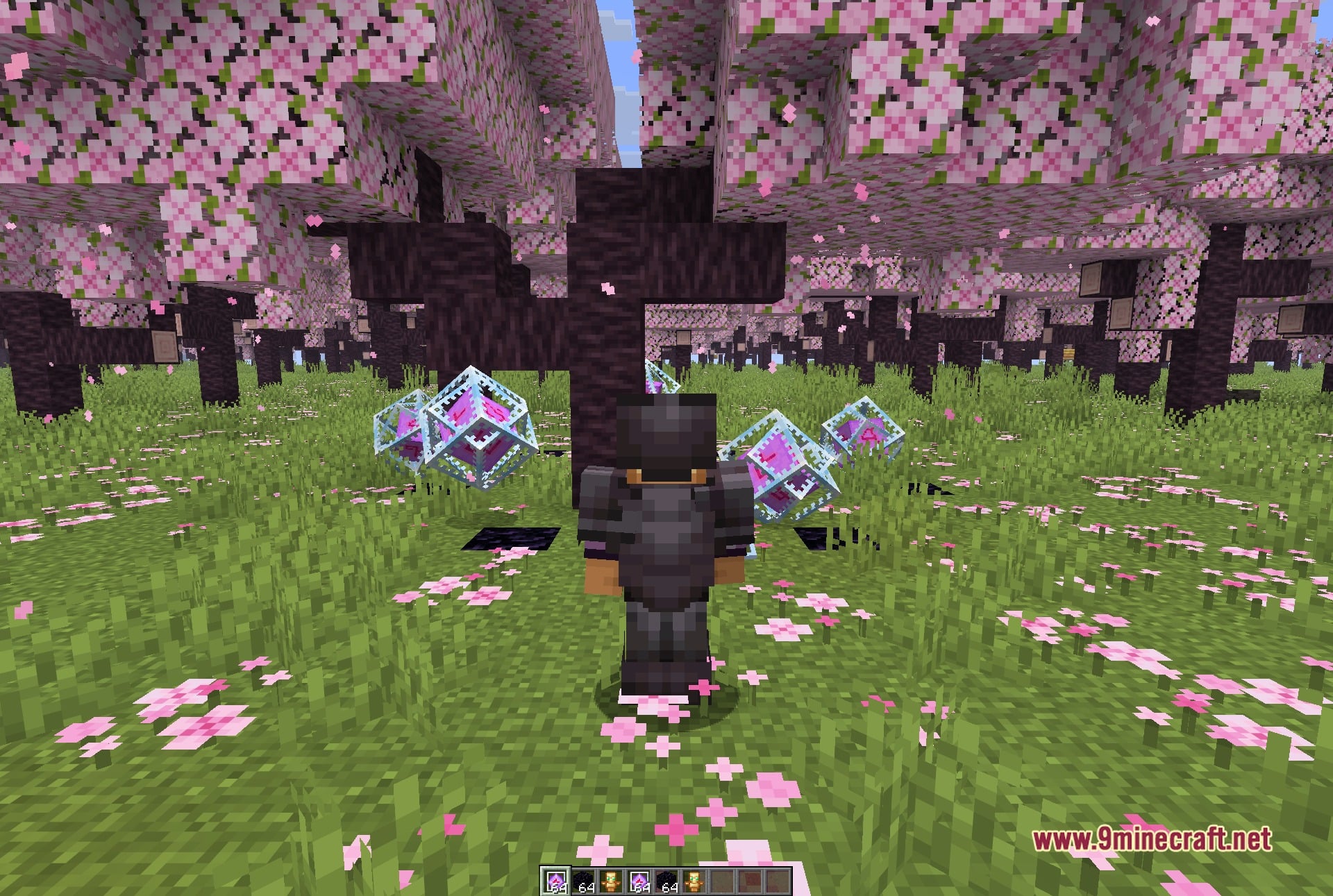 Mental Debug Client Mod (1.21.11) – Track Player Bases And Hidden Stashes 4 Third-person view of the player in netherite armour among the cherry trees